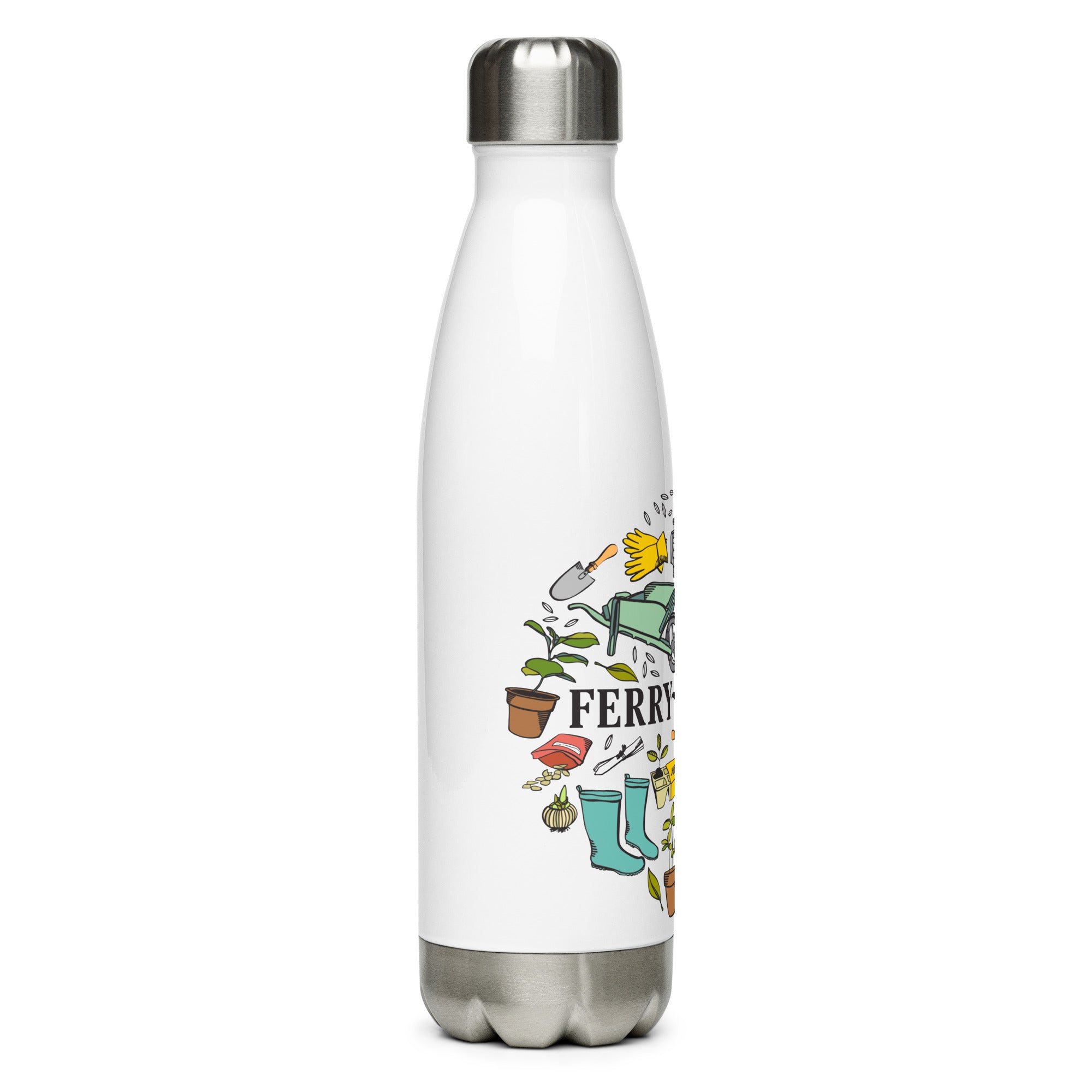 A white stainless steel water bottle with a colorful logo featuring various items and plants, and the text 'Ferry-Morse'.